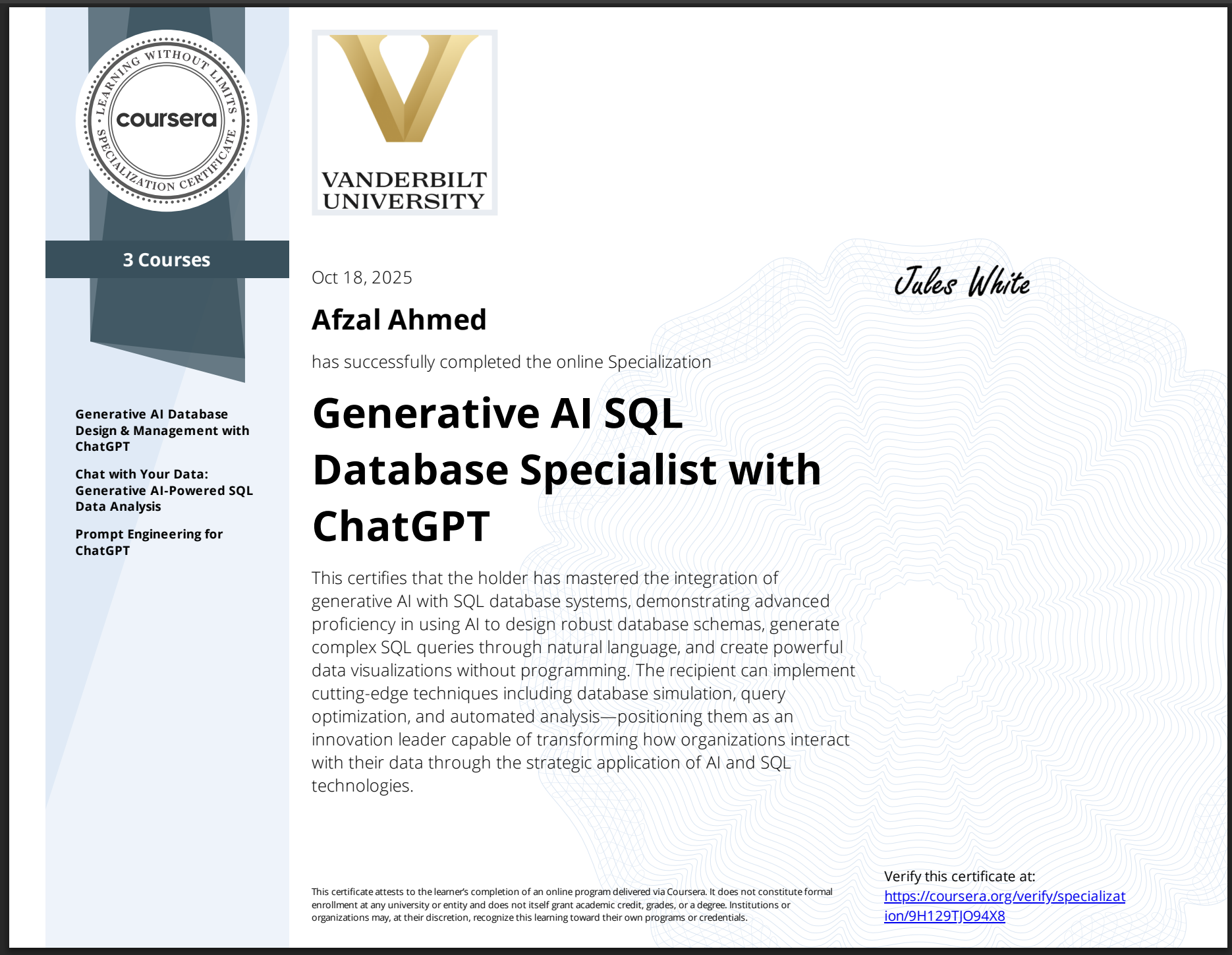 Generative AI SQL Database Specialist Certificate